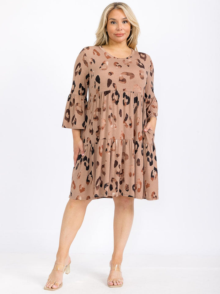 PLUS SIZE 3/4 SLEEVE FRONT POCKETS ANIMAL PRINT TUNIC MINI DRESS