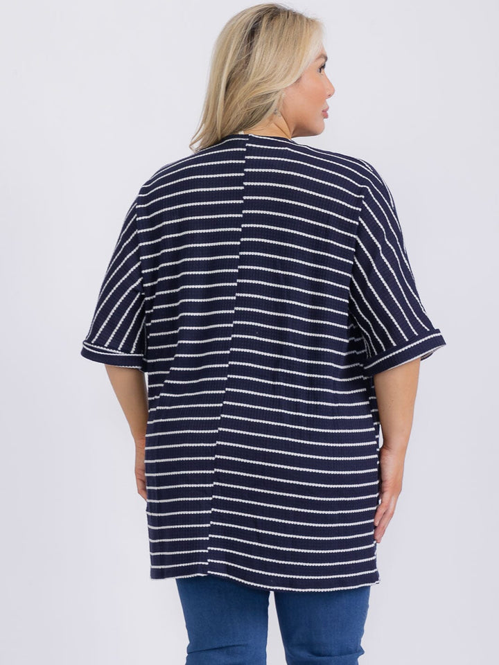 PLUS SIZE SHORT SLEEVE FRONT POCKETS STRIPES CARDIGAN