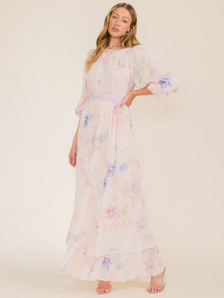 WOMEN'S 3/4 SLEEVE FLOWER PRINT SELF TIE MAXI DRESS