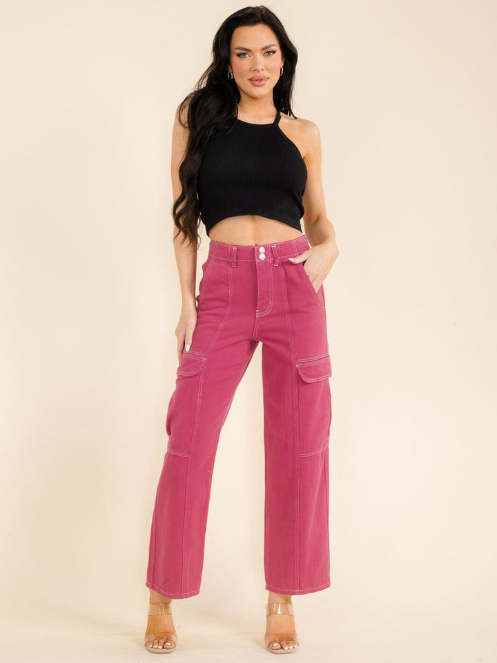 WOMEN'S BUTTON CLOSURE CARGO POCKETS WIDE LEG DENIM PANTS