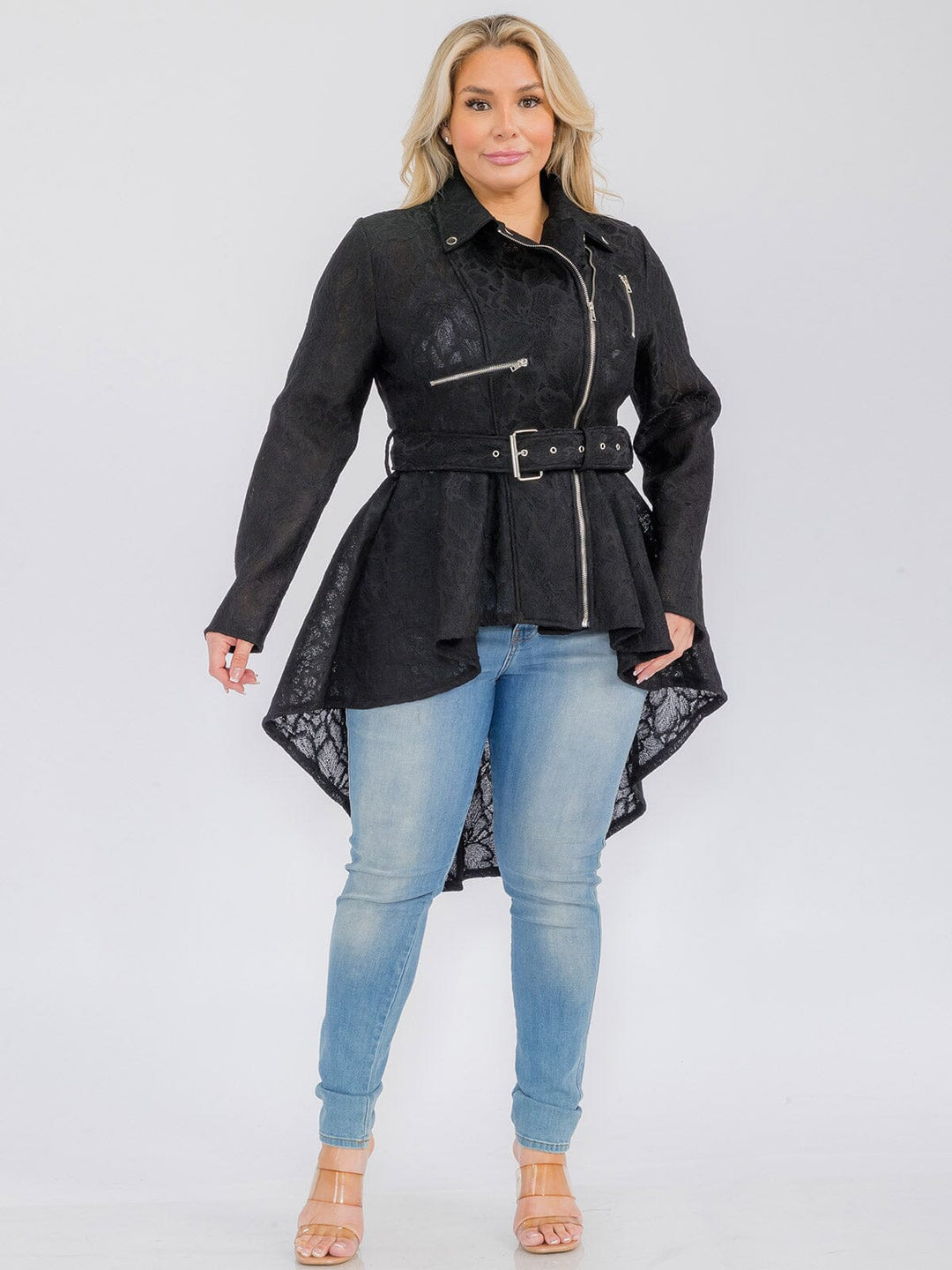 PLUS SIZE LONG SLEEVE ZIP UP HIGH-LOW BELTED JACKET