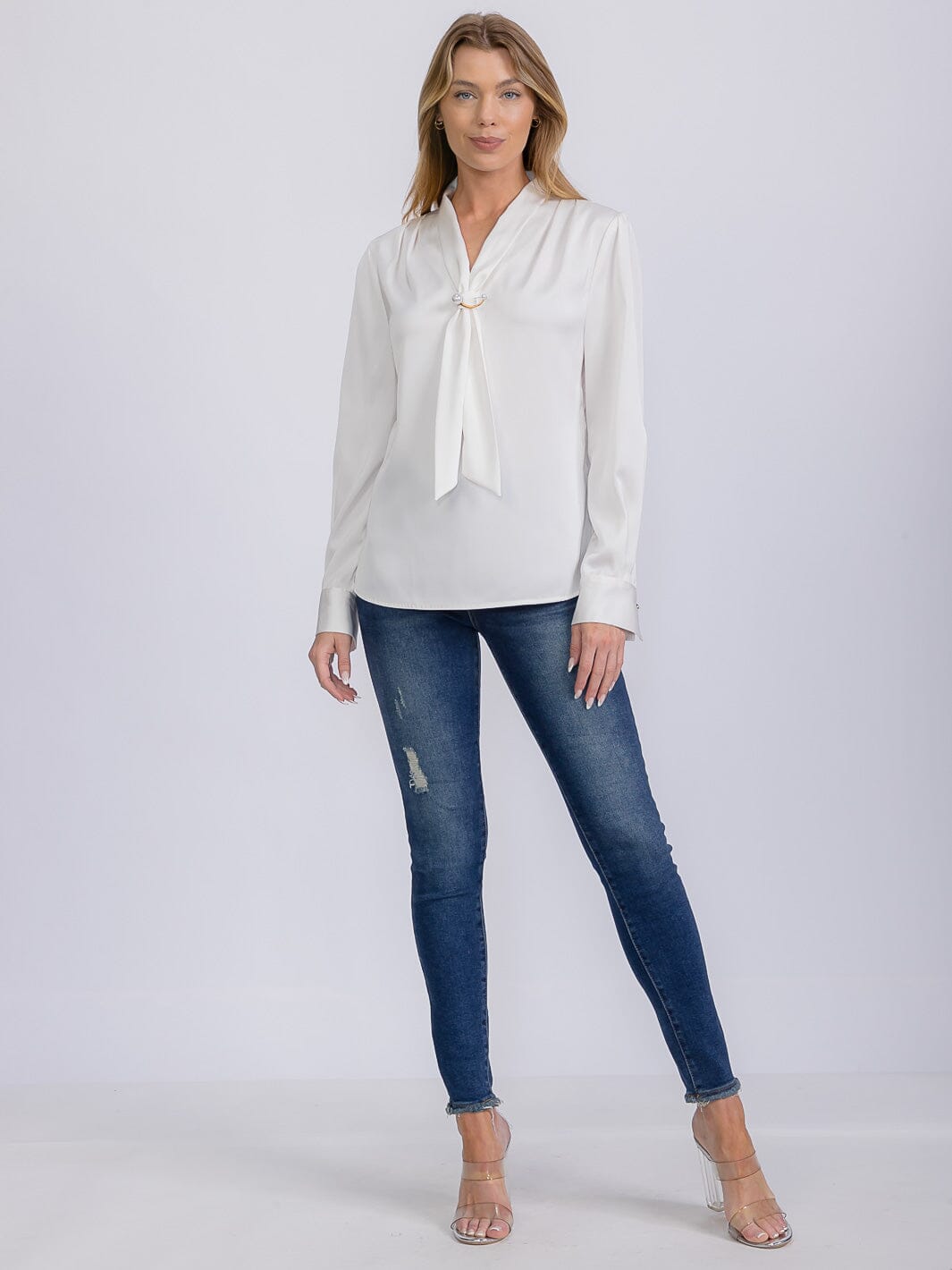 WOMEN'S LONG SLEEVE V-NECK SCARF DETAILED BLOUSE