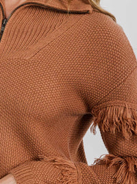 WOMEN'S LONG SLEEVE ZIP UP FRINGE DETAILED PULLOVER SWEATER