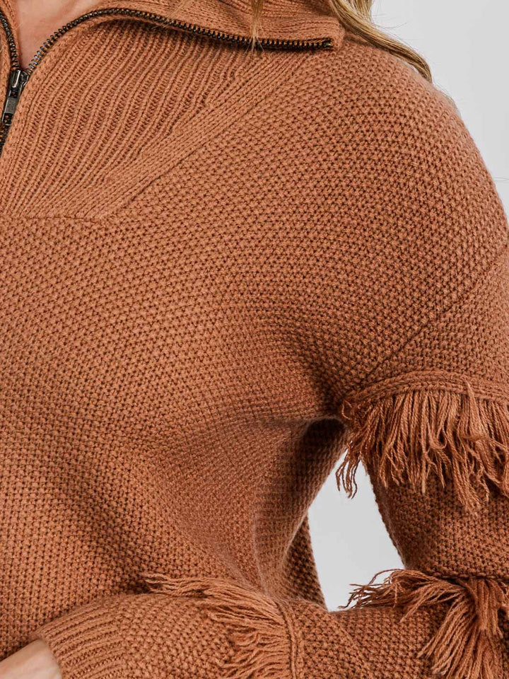 WOMEN'S LONG SLEEVE ZIP UP FRINGE DETAILED PULLOVER SWEATER