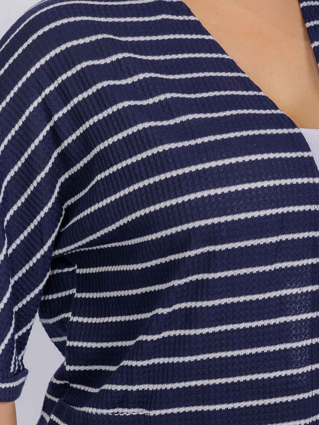 PLUS SIZE SHORT SLEEVE FRONT POCKETS STRIPES CARDIGAN