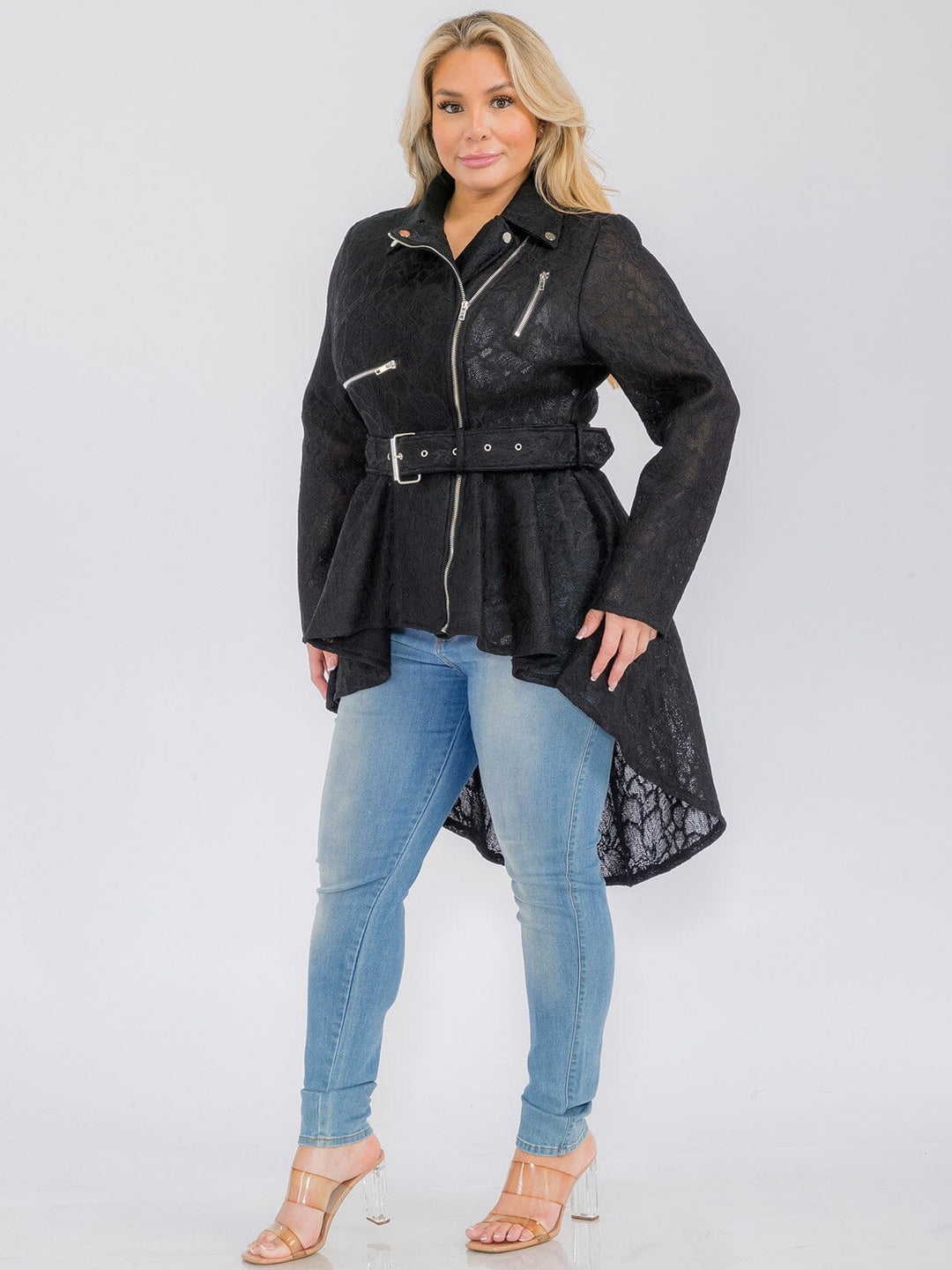 PLUS SIZE LONG SLEEVE ZIP UP HIGH-LOW BELTED JACKET