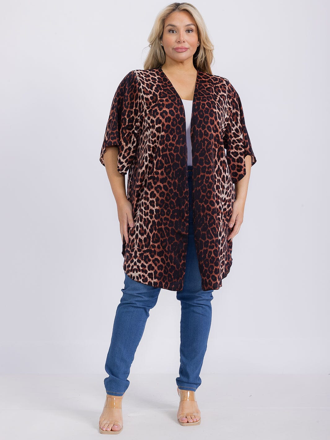 PLUS SIZE SHORT SLEEVE OPEN FRONT ANIMAL PRINT CARDIGAN