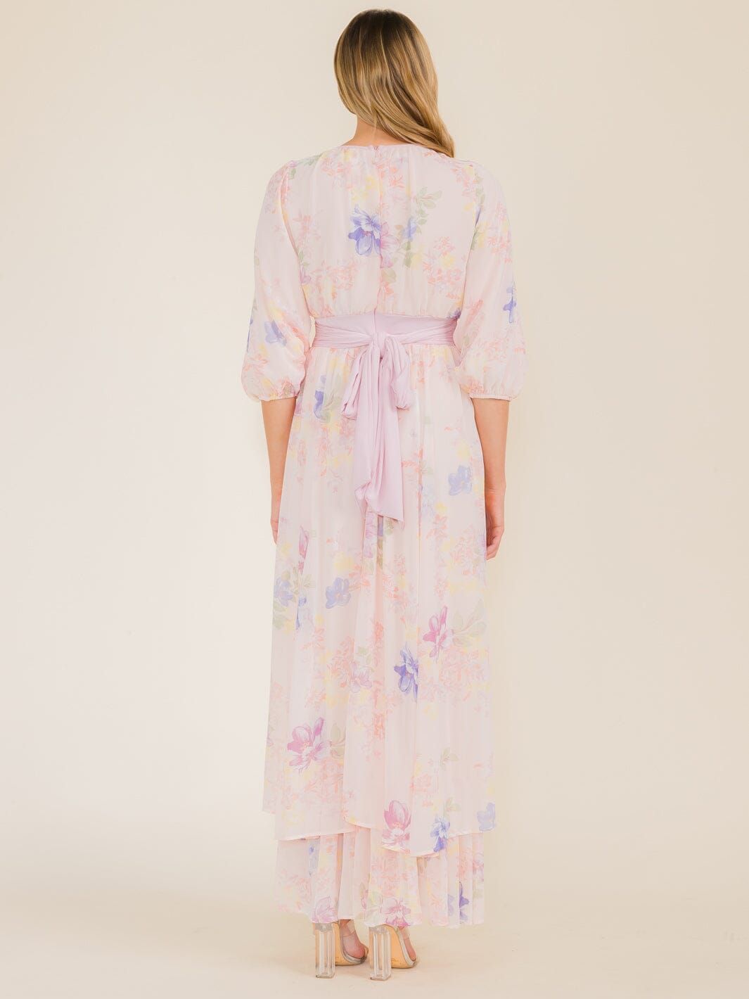 WOMEN'S 3/4 SLEEVE FLOWER PRINT SELF TIE MAXI DRESS