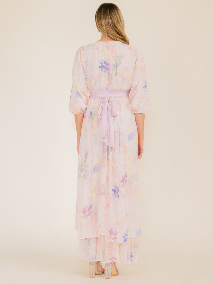 WOMEN'S 3/4 SLEEVE FLOWER PRINT SELF TIE MAXI DRESS