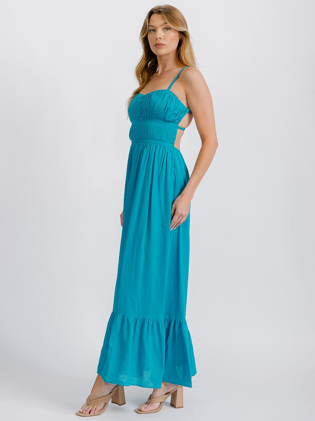 WOMEN'S SLEEVELESS ELASTIC WAIST TIERED OPEN BACK MAXI DRESS