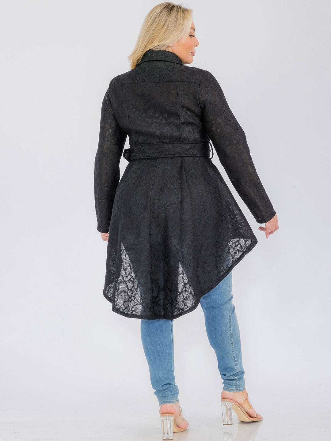 PLUS SIZE LONG SLEEVE ZIP UP HIGH-LOW BELTED JACKET