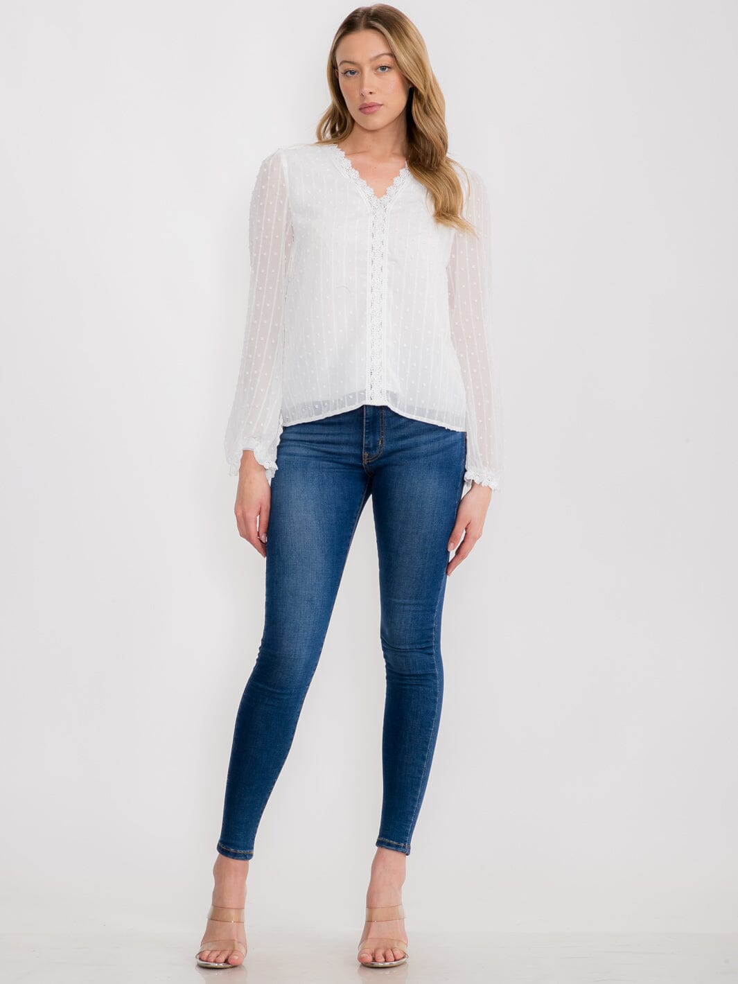 WOMEN'S LONG SLEEVE V-NECK SWISS DOT DETAILED BLOUSE
