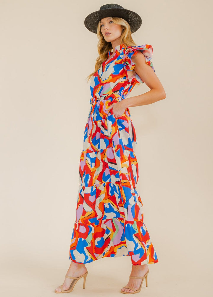WOMEN'S RUFFLE SLEEVE V-NECK TIERED POCKETS MULTI PRINT MAXI DRESS
