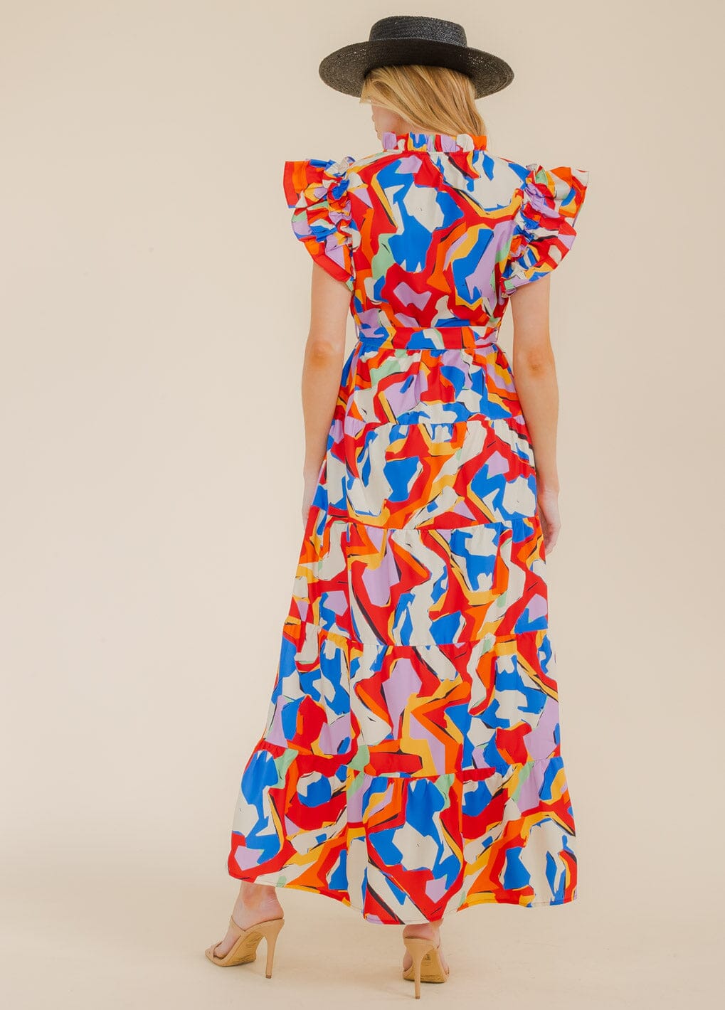 WOMEN'S RUFFLE SLEEVE V-NECK TIERED POCKETS MULTI PRINT MAXI DRESS