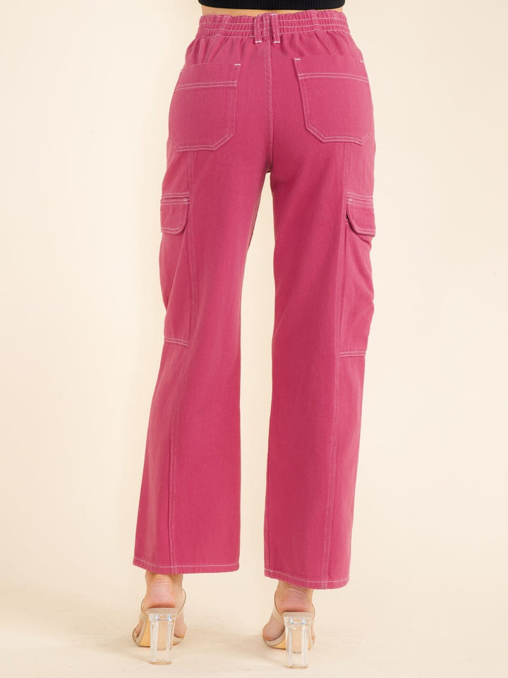 WOMEN'S BUTTON CLOSURE CARGO POCKETS WIDE LEG DENIM PANTS