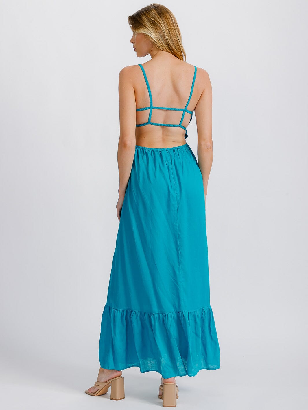 WOMEN'S SLEEVELESS ELASTIC WAIST TIERED OPEN BACK MAXI DRESS