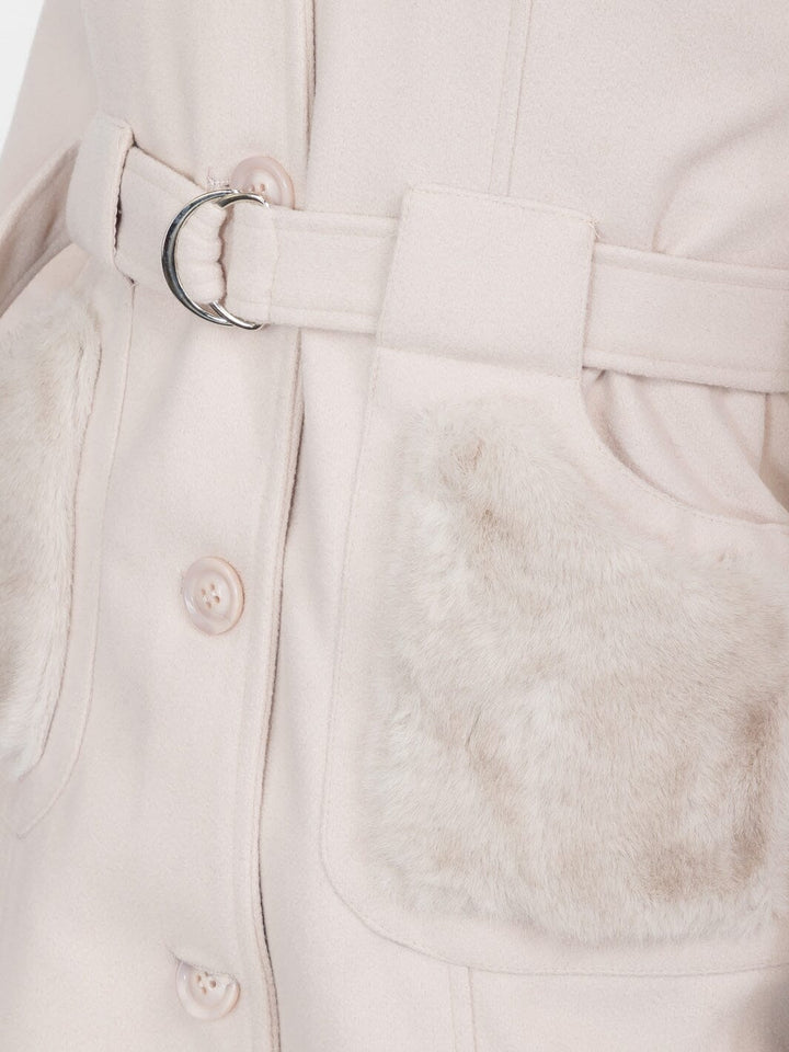 WOMEN'S LONG SLEEVE BUTTON CLOSURE FRONT POCKETS FAUX FUR COAT