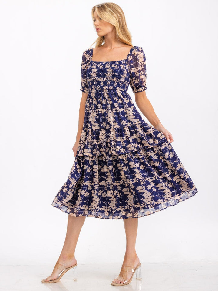 WOMEN'S SHORT SLEEVE SMOCK RUFFLE TIERED LEAF PRINT MIDI DRESS
