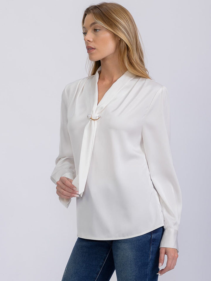 WOMEN'S LONG SLEEVE V-NECK SCARF DETAILED BLOUSE