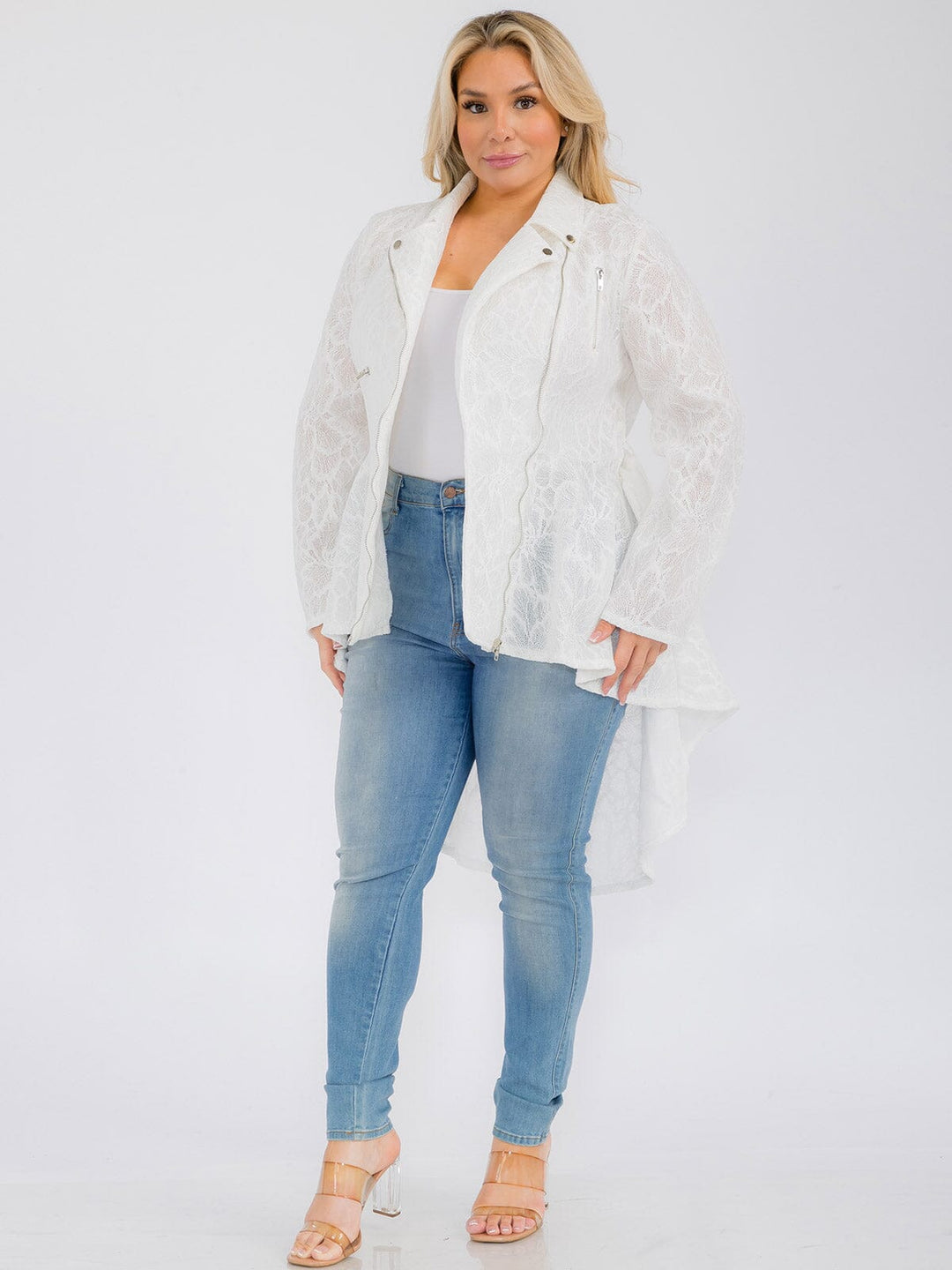 PLUS SIZE LONG SLEEVE ZIP UP HIGH-LOW BELTED JACKET