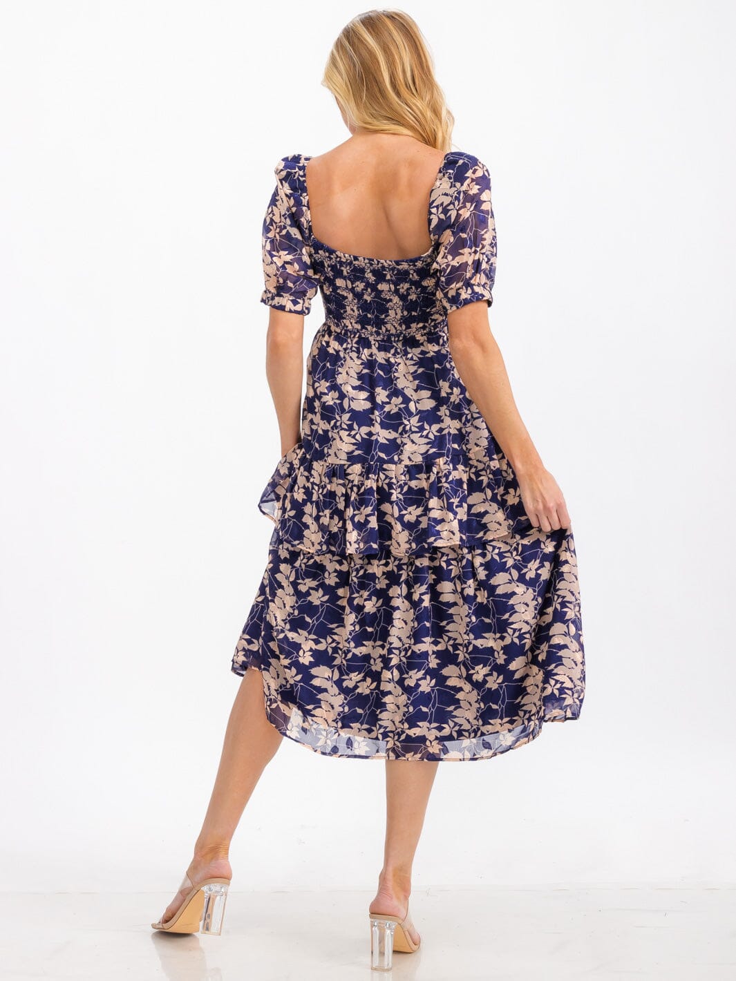 WOMEN'S SHORT SLEEVE SMOCK RUFFLE TIERED LEAF PRINT MIDI DRESS