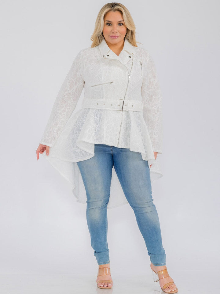 PLUS SIZE LONG SLEEVE ZIP UP HIGH-LOW BELTED JACKET