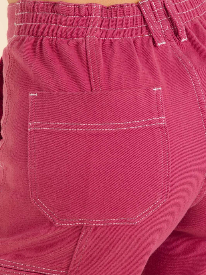 WOMEN'S BUTTON CLOSURE CARGO POCKETS WIDE LEG DENIM PANTS