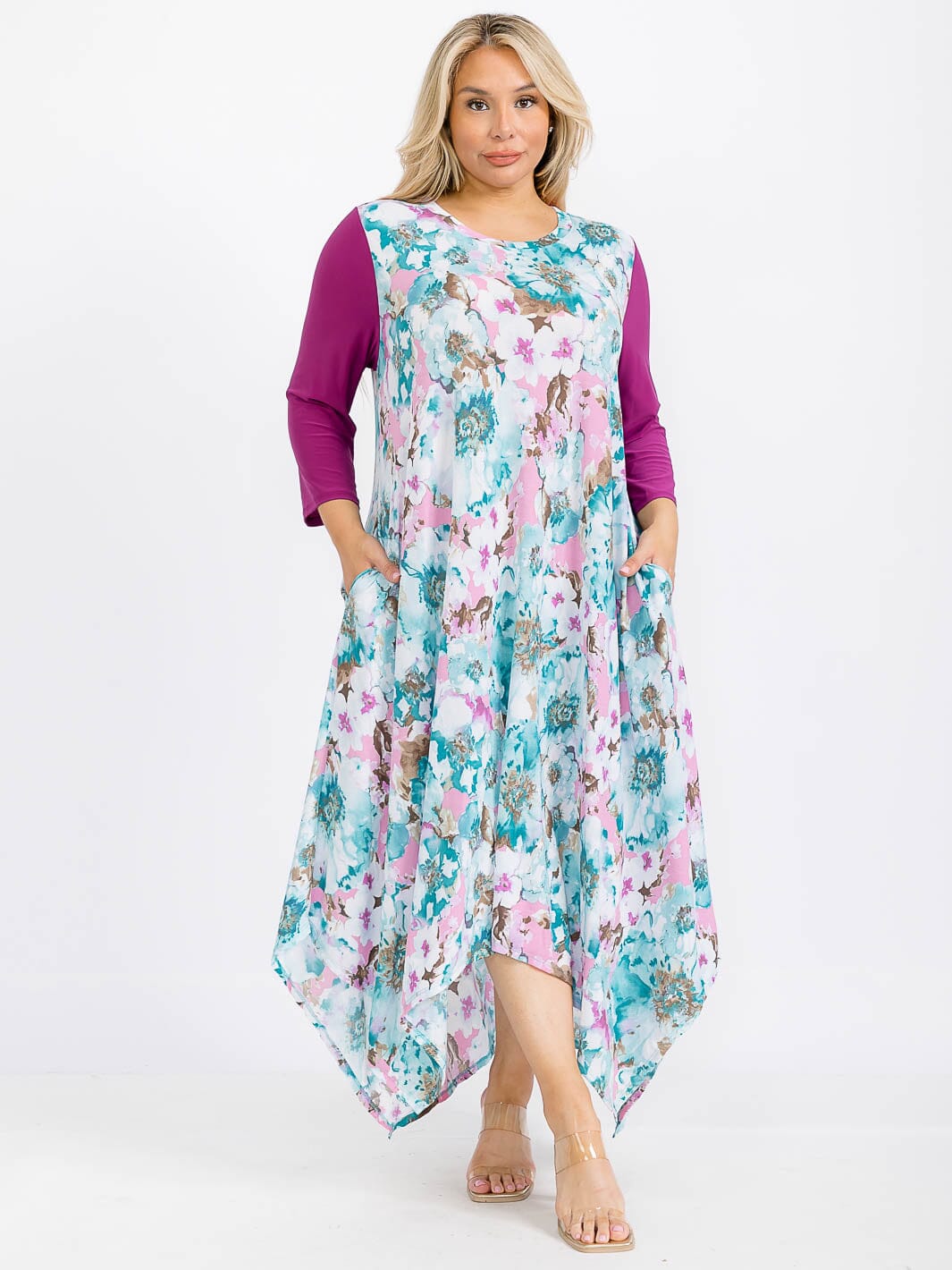 PLUS SIZE 3/4 SLEEVE FRONT POCKETS FLORAL HIGH-LOW MAXI DRESS