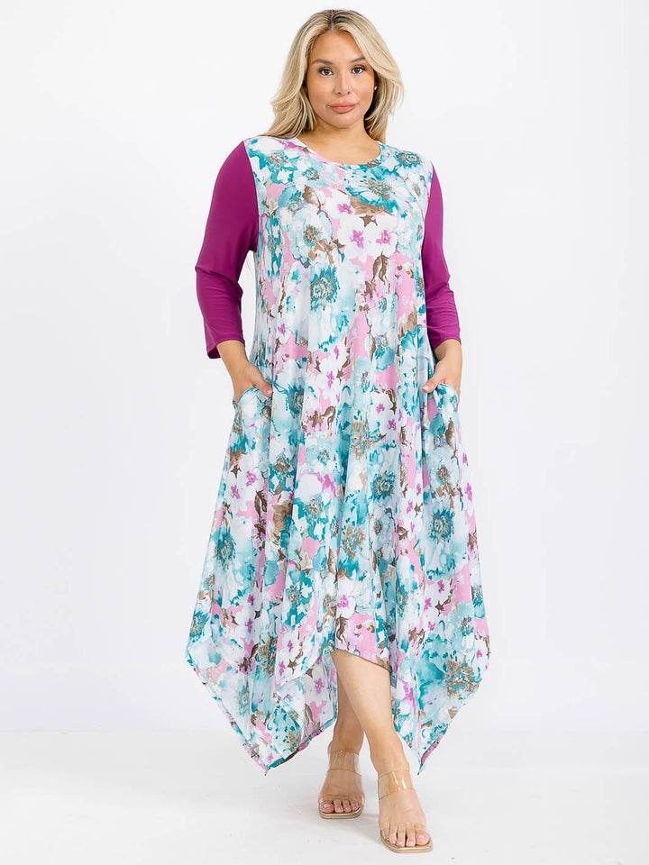 PLUS SIZE 3/4 SLEEVE FRONT POCKETS FLORAL HIGH-LOW MAXI DRESS