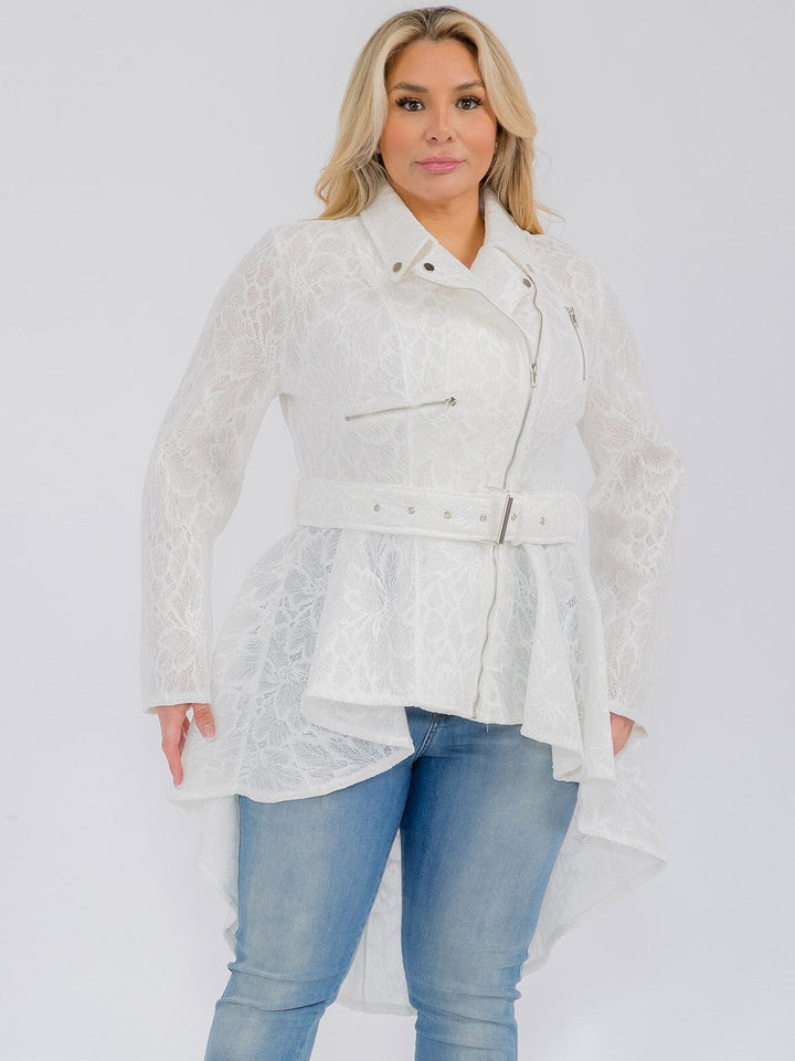 PLUS SIZE LONG SLEEVE ZIP UP HIGH-LOW BELTED JACKET