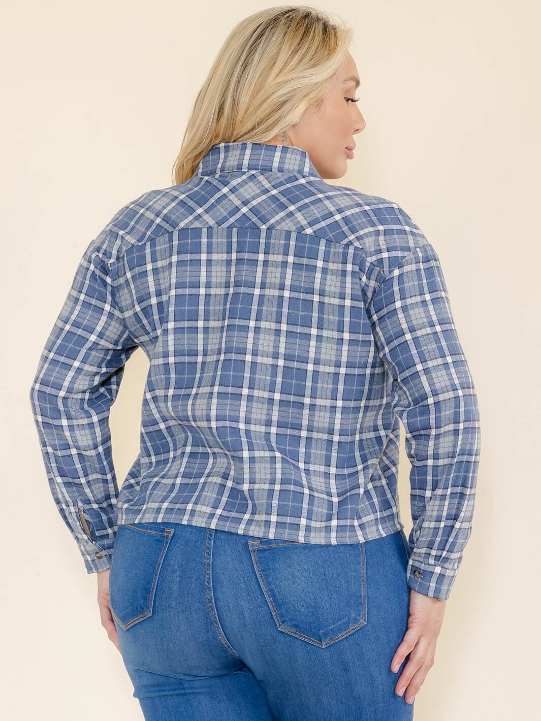 PLUS SIZE LONG SLEEVE BUTTON UP FRONT POCKETS PLAID TOP