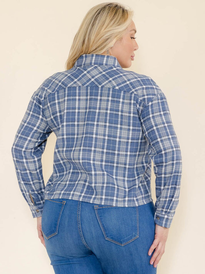 PLUS SIZE LONG SLEEVE BUTTON UP FRONT POCKETS PLAID TOP