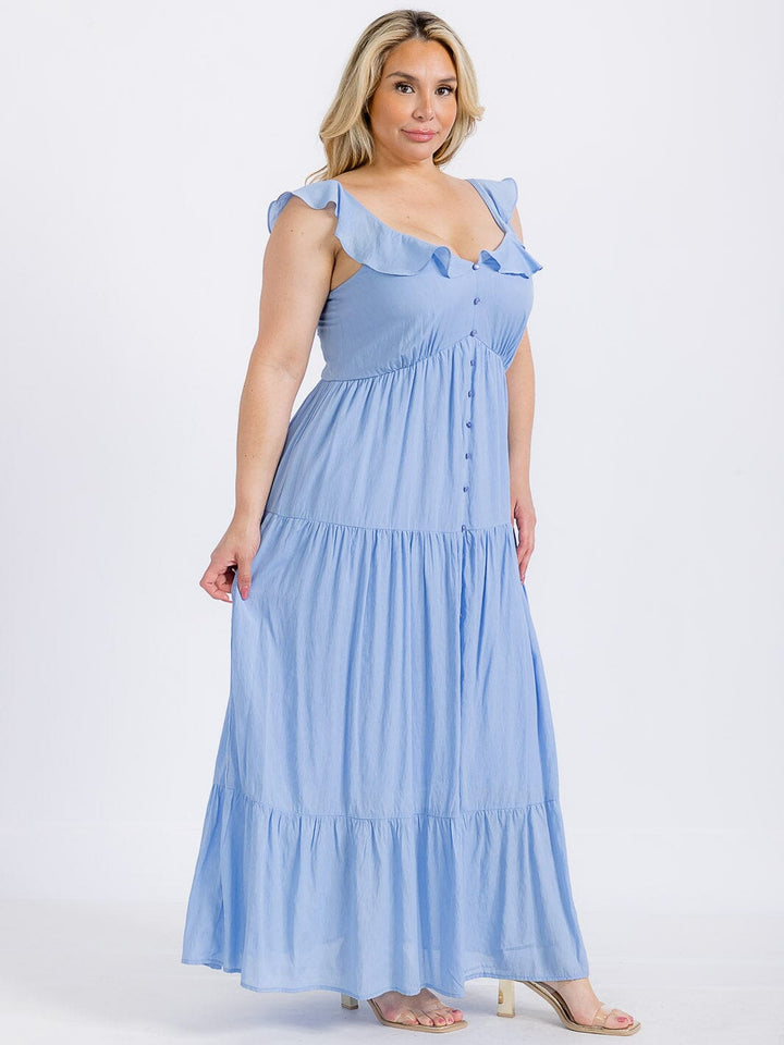 PLUS SIZE SLEEVELESS BUTTONS TIERED RUFFLE MAXI DRESS