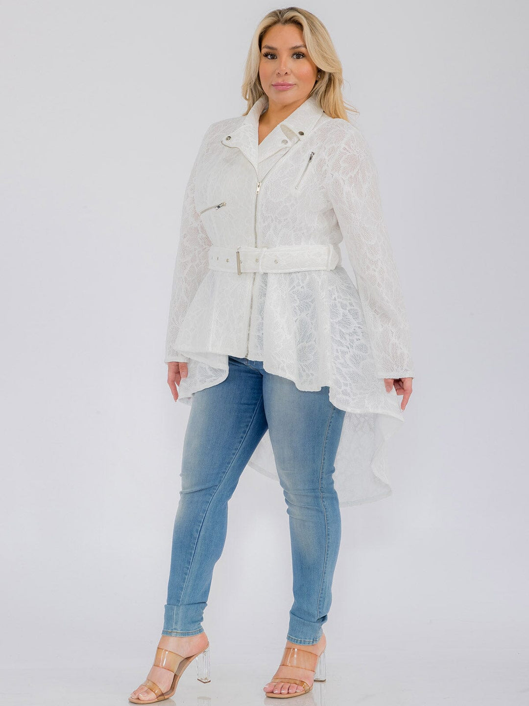 PLUS SIZE LONG SLEEVE ZIP UP HIGH-LOW BELTED JACKET