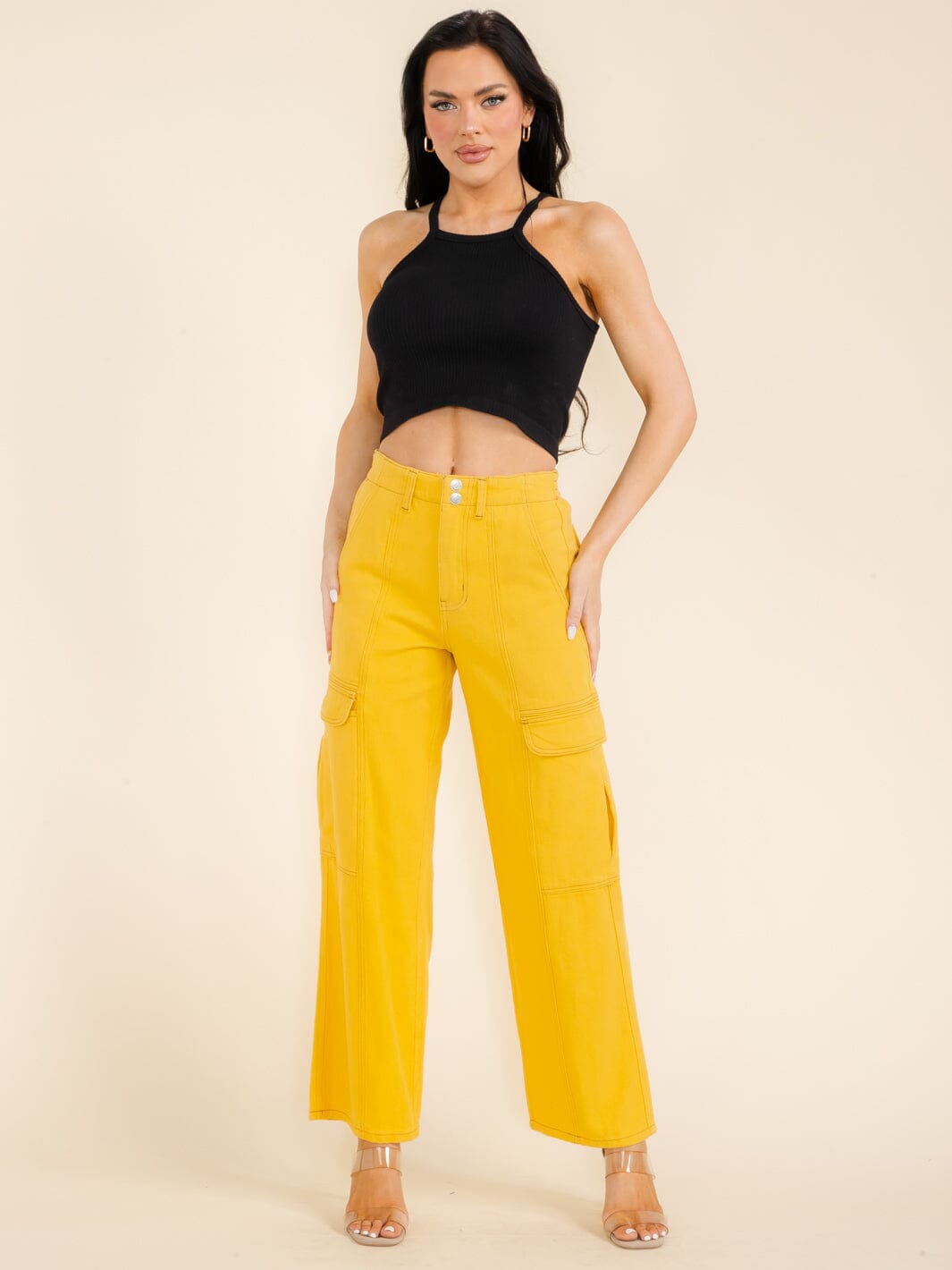 WOMEN'S BUTTON CLOSURE CARGO POCKETS WIDE LEG DENIM PANTS