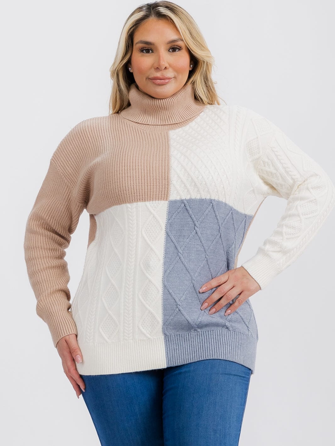 PLUS SIZE LONG SLEEVE TURTLE NECK DETAILED COLORBLOCK PULLOVER SWEATER