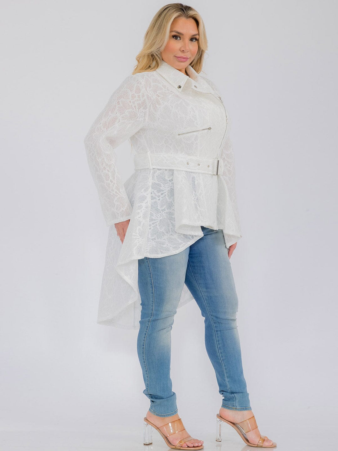 PLUS SIZE LONG SLEEVE ZIP UP HIGH-LOW BELTED JACKET