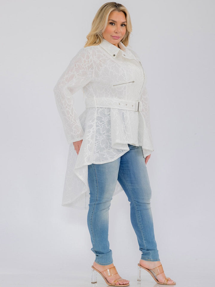 PLUS SIZE LONG SLEEVE ZIP UP HIGH-LOW BELTED JACKET