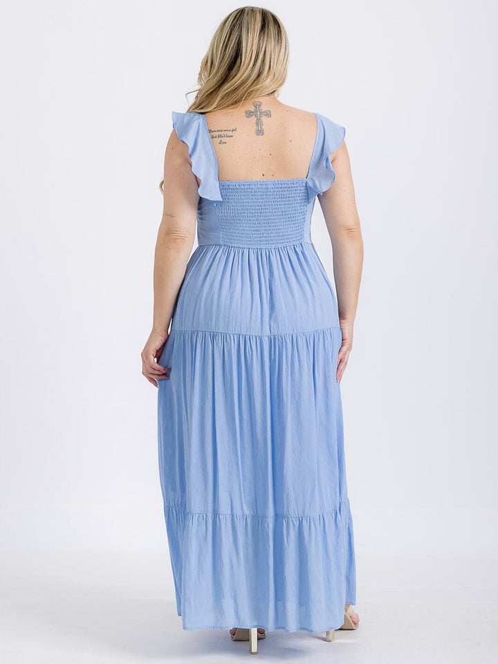 PLUS SIZE SLEEVELESS BUTTONS TIERED RUFFLE MAXI DRESS