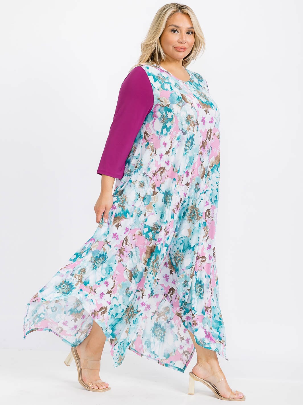 PLUS SIZE 3/4 SLEEVE FRONT POCKETS FLORAL HIGH-LOW MAXI DRESS