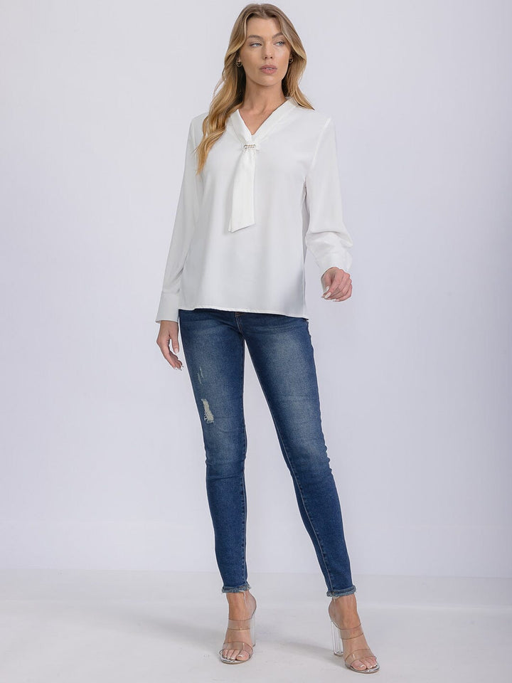 WOMEN'S LONG SLEEVE V-NECK SCARF DETAILED BLOUSE