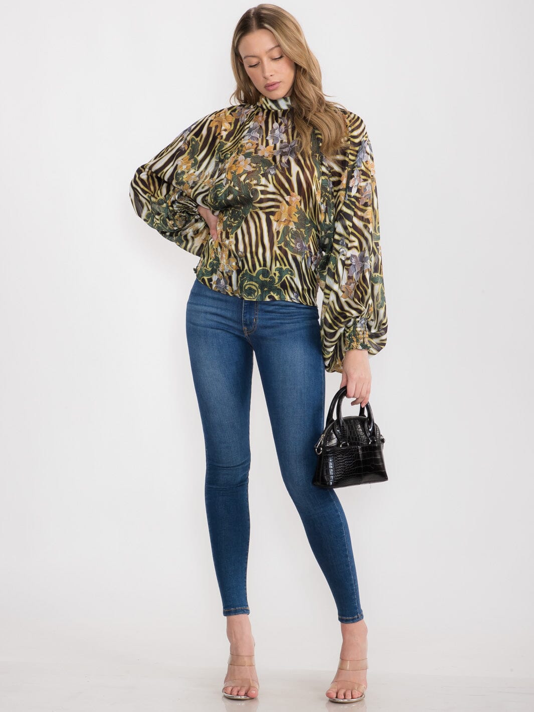 WOMEN'S LONG BALLON SLEEVE MOCK NECK MULTI PRINT BLOUSE