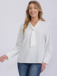 WOMEN'S LONG SLEEVE V-NECK SCARF DETAILED BLOUSE