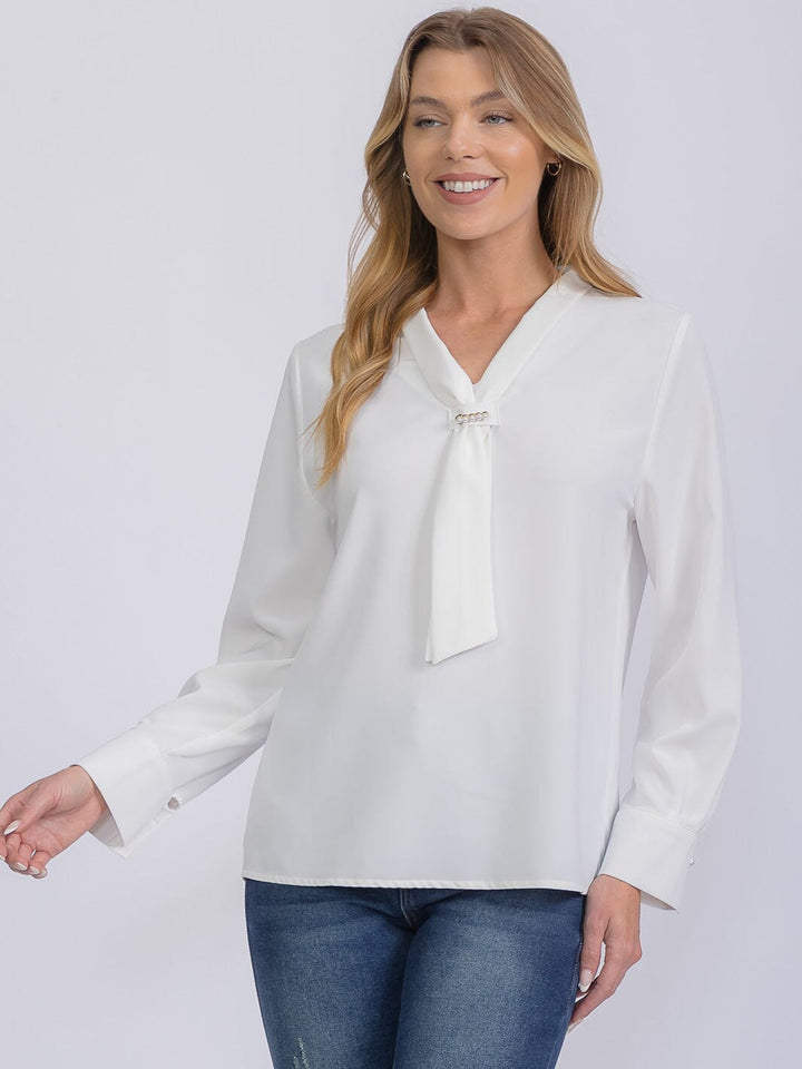 WOMEN'S LONG SLEEVE V-NECK SCARF DETAILED BLOUSE