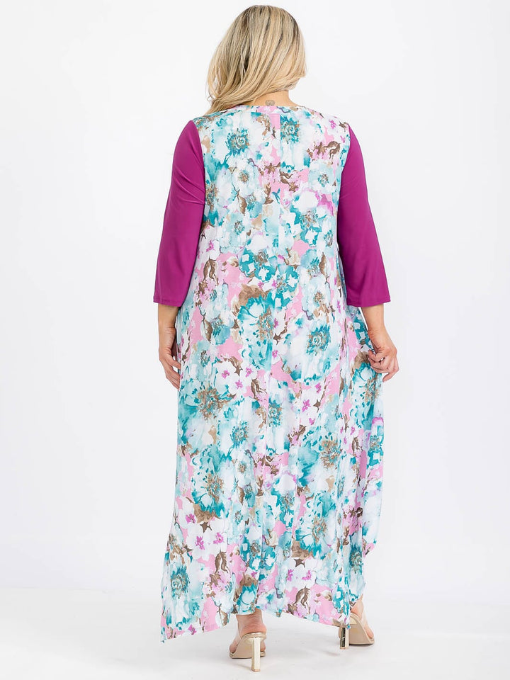 PLUS SIZE 3/4 SLEEVE FRONT POCKETS FLORAL HIGH-LOW MAXI DRESS