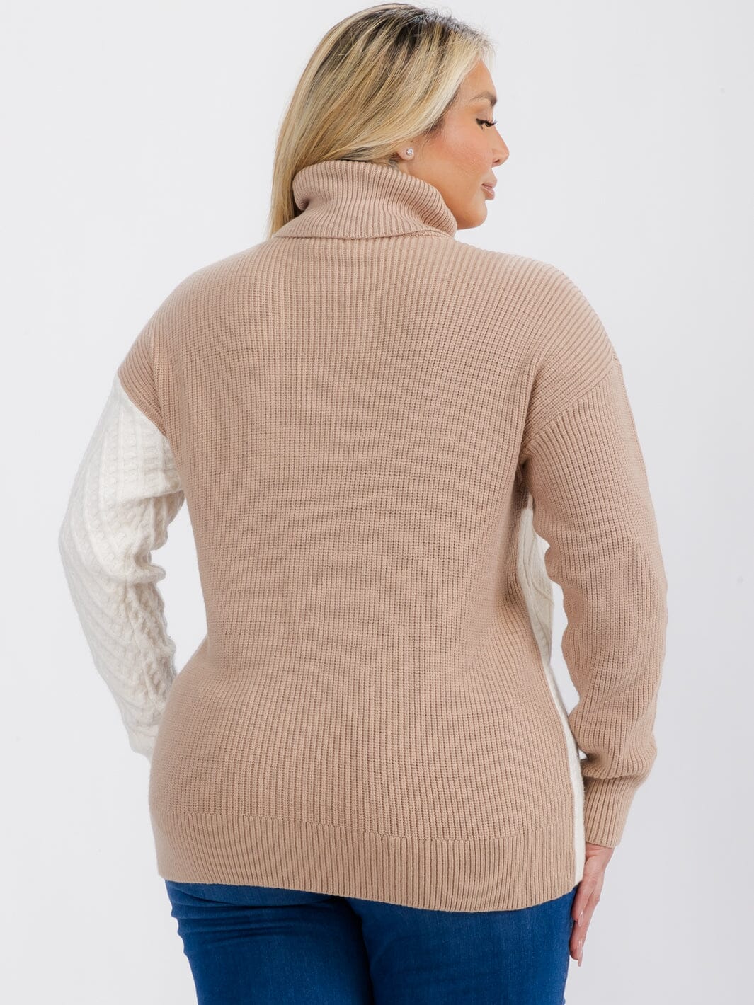 PLUS SIZE LONG SLEEVE TURTLE NECK DETAILED COLORBLOCK PULLOVER SWEATER