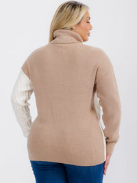 PLUS SIZE LONG SLEEVE TURTLE NECK DETAILED COLORBLOCK PULLOVER SWEATER