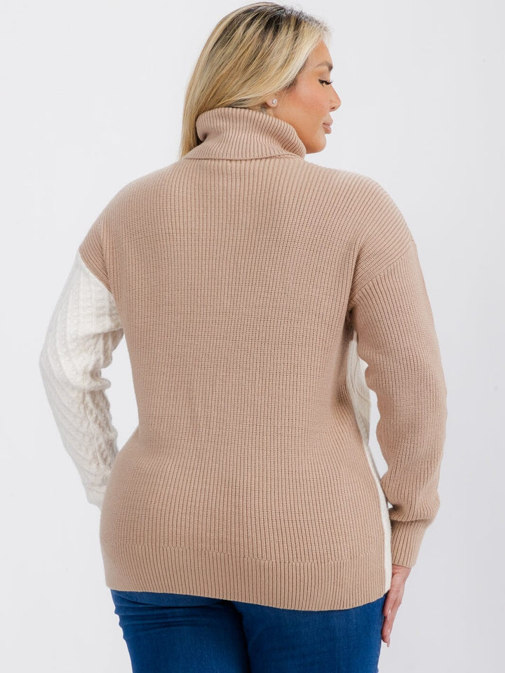 PLUS SIZE LONG SLEEVE TURTLE NECK DETAILED COLORBLOCK PULLOVER SWEATER