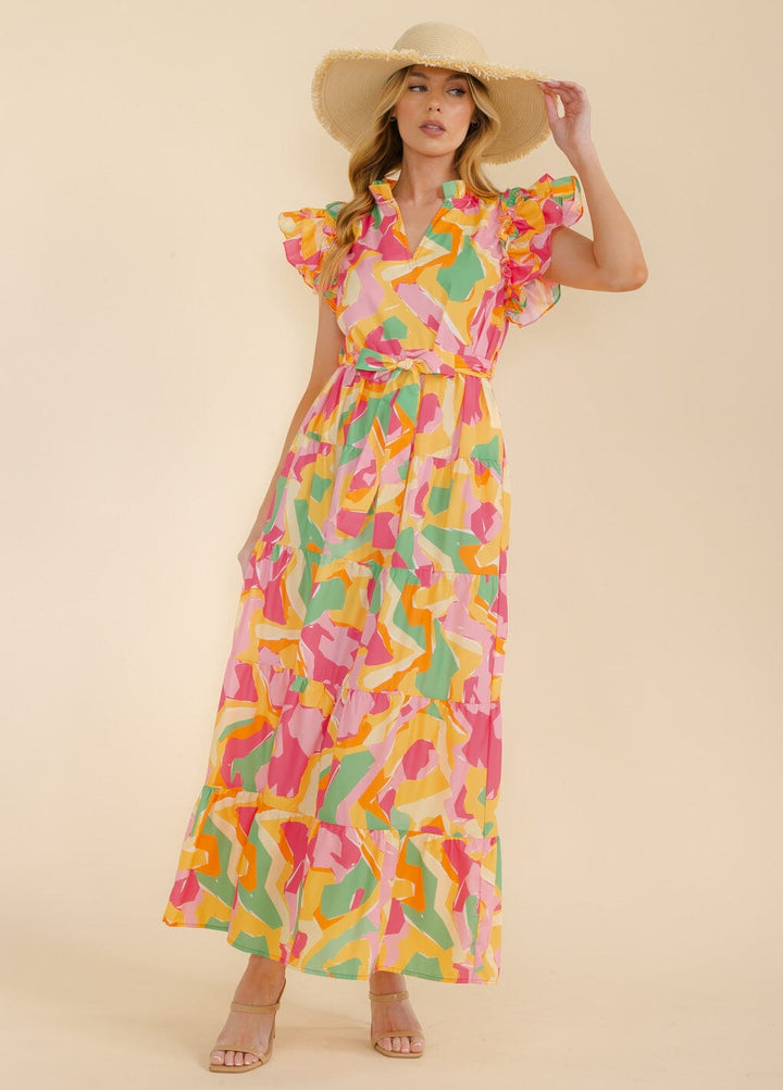 WOMEN'S RUFFLE SLEEVE V-NECK TIERED POCKETS MULTI PRINT MAXI DRESS
