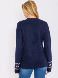 WOMEN'S LONG SLEEVES TURTLE NECK PULLOVER TRIM PRINT KNIT SWEATER